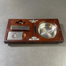 Wood Folding Travel Colibri Cigar Holder Ashtray w Guillotine Cutter Dark Brown