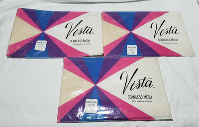 3 Pair Vintage 70s Vista Seamless Mesh Run-Guard Stockings Size 10 Nylon White