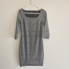 Classic Power Glam  Plaid Sheath Dress Square Neck 3/4 Sleeve Knee Length XS