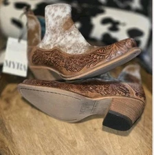 Myra Bag-Hairon Hide-hand-tooled leather cowgirl booties by Myra-NWT-