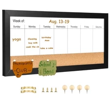 Magnetic Weekly Dry Erase White Board and Cork Board, Black Wood Frame，Magnet...