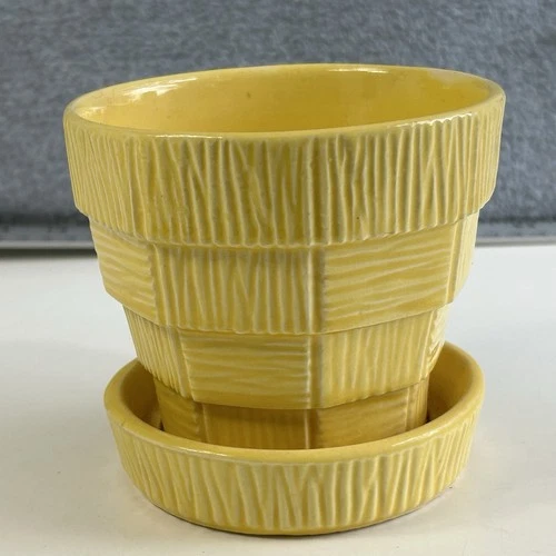 McCoy Basketweave Yellow Planter 4" Attached Saucer Vintage 1940s