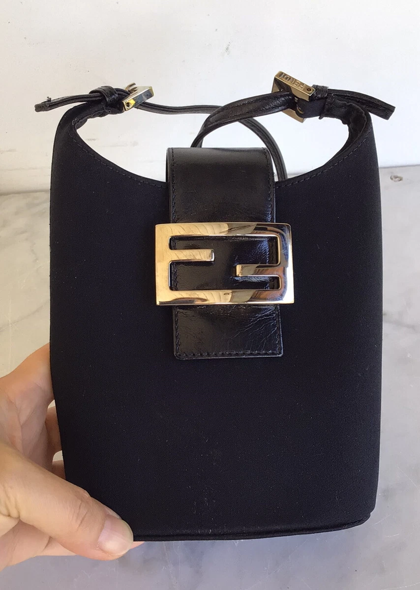 Vintage FENDI Black Epi Leather Hobo Bucket Shoulder Bag With 