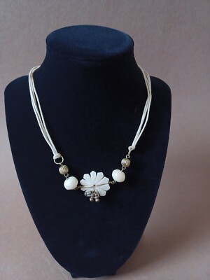 Vintage 90s Style Carved Flower Cream Colored Cord Choker Necklace Boho Hippie