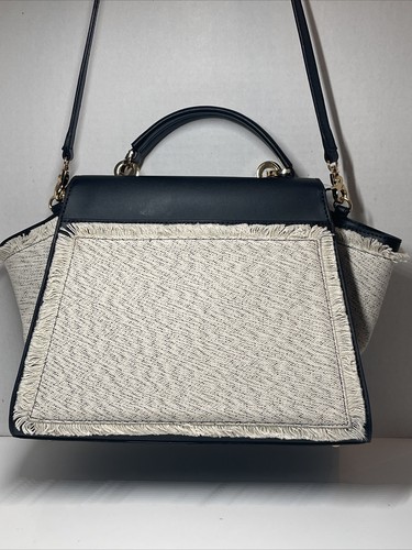 Zac Posen Black Leather & White Linen Shoulder Strap-Flap-Top Handle- Purse Bag - Picture 4 of 21