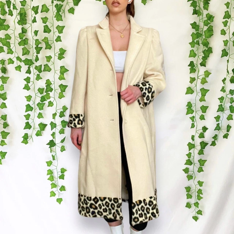 Abrigo largo de lana con ribete de leopardo vintage años 80 crema Hollywood Regency Foto 3 de 4