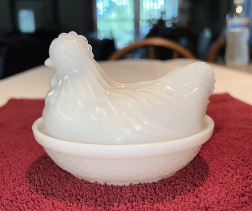 Vintage 1940’s Hazel Atlas Nesting Chicken Milk Glass Butter Dish