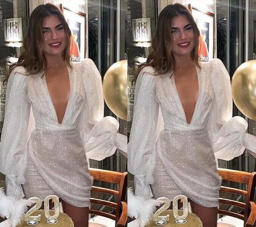 Plunging Wedding Short Party Dresses Long Balloon Sleeves Ruffles Sheath Custom