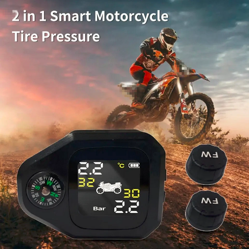 2 External Sensors Motorcycle Tire Pressure Sensors Monitoring System W/Compass - Image 4 of 4