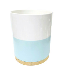 NEW WHITE,BLUE,TAN WOODEN BASE CERAMIC TRASH CAN,WASTE BASKET,BIN