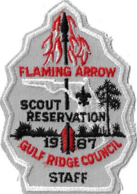 Gulf Ridge Council 1987 Flaming Arrow Scout Reservation Staff WHT Bdr. [MX-10823
