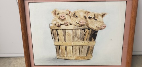 Pigs Painting / Libby Norris Watercolor 3 Pigs In A Basket Country Art farm art - Picture 5 of 17
