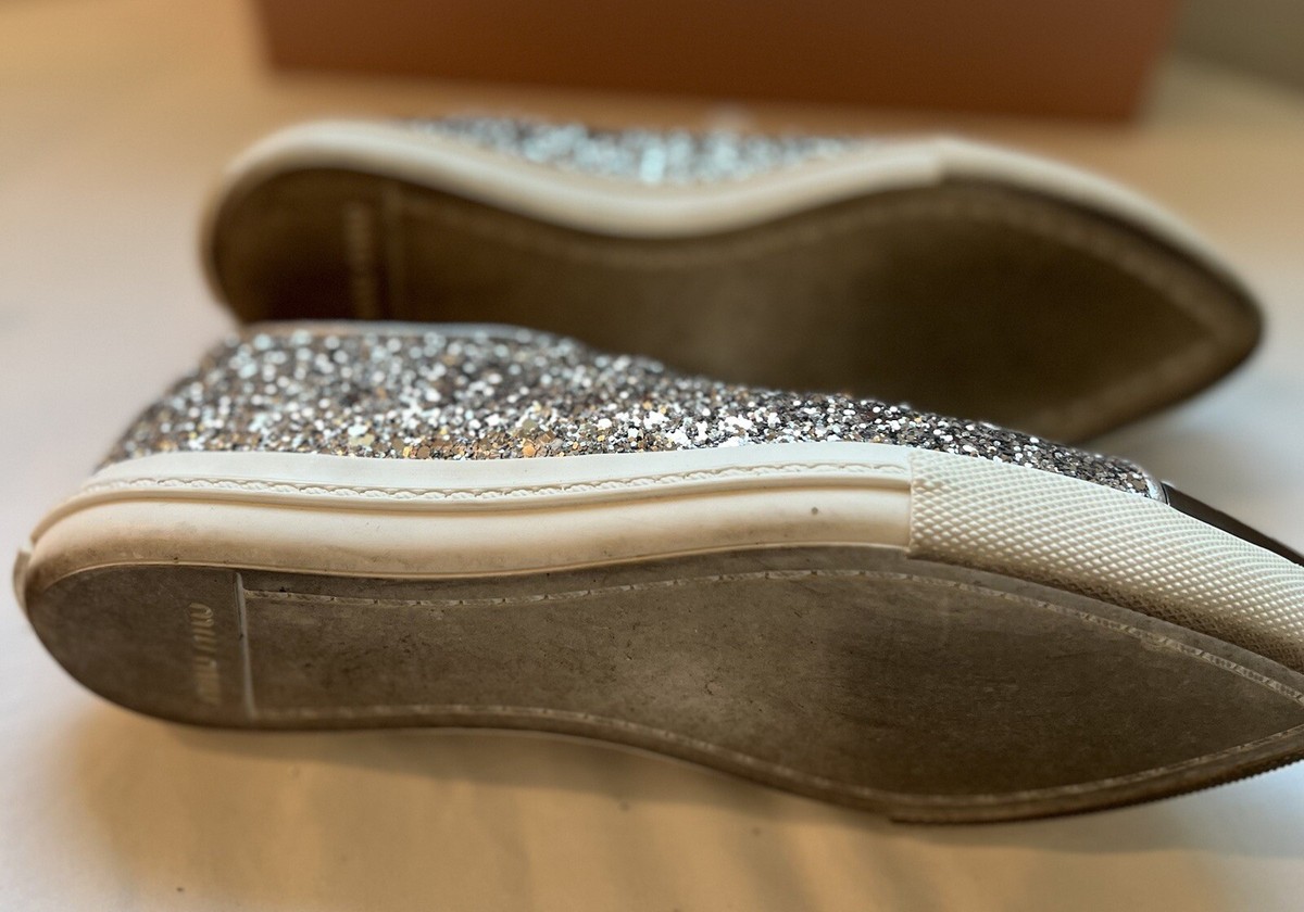 Miu Miu Women's Cap Toe Silver Flat Shoes Sneakers Lace Up Size