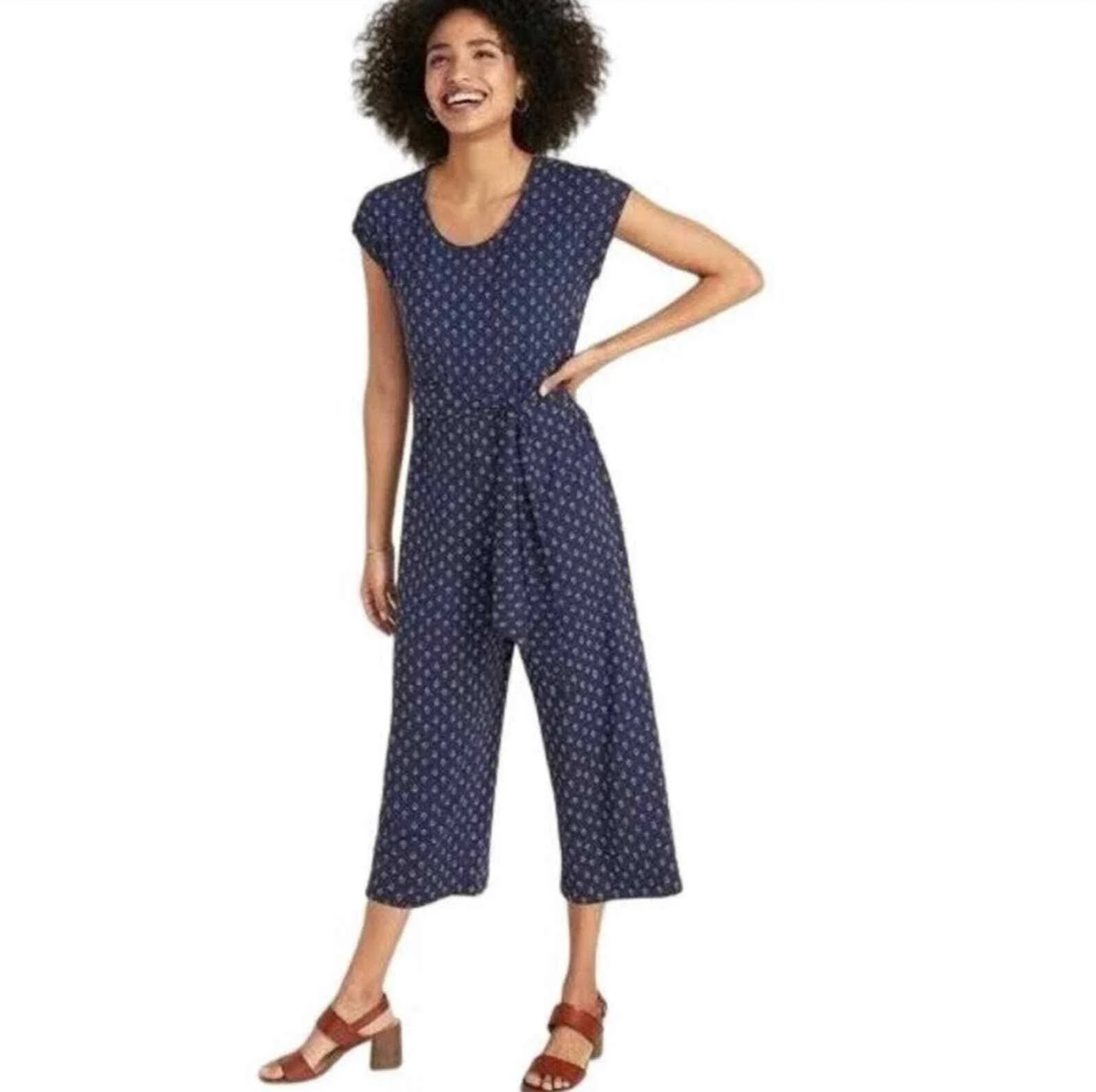 Old Navy Women's Short Sleeve Navy Blue White Diamond Print Knit