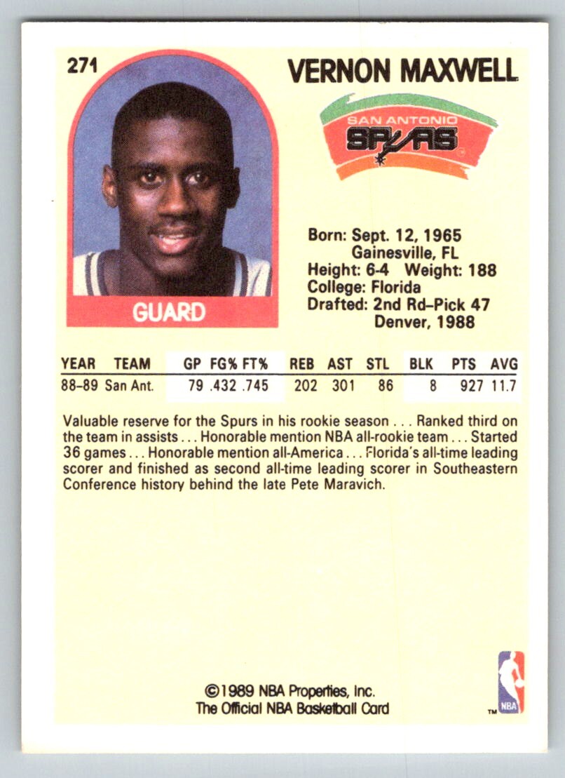 1989-90 HOOPS VERNON MAXWELL RC SAN ANTONIO SPURS #271 | eBay