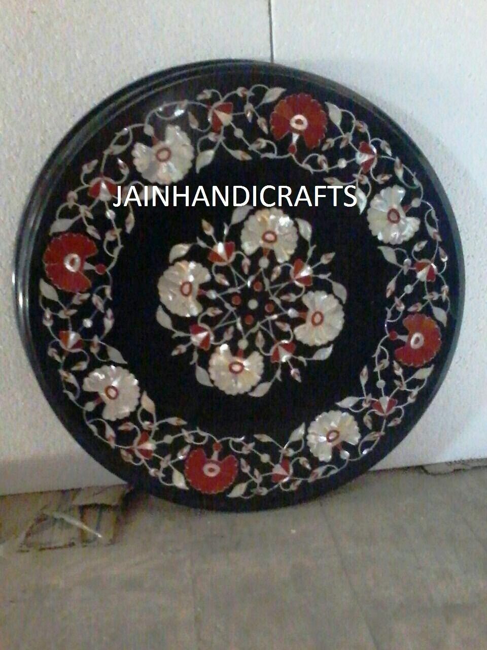 12-inch Black Marble Dining Table with Antique Mosaic Inlay for Coffee Corner-image