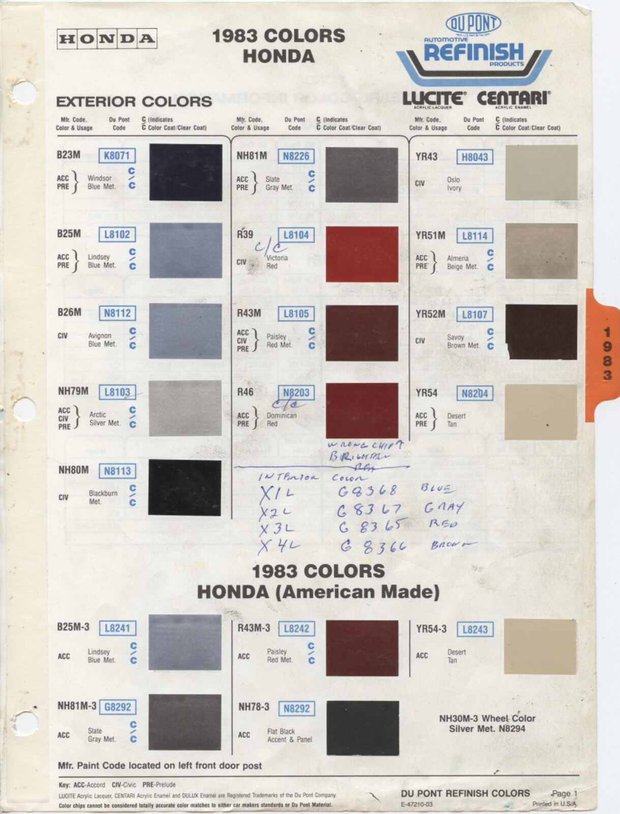 Honda Paint Color Chart