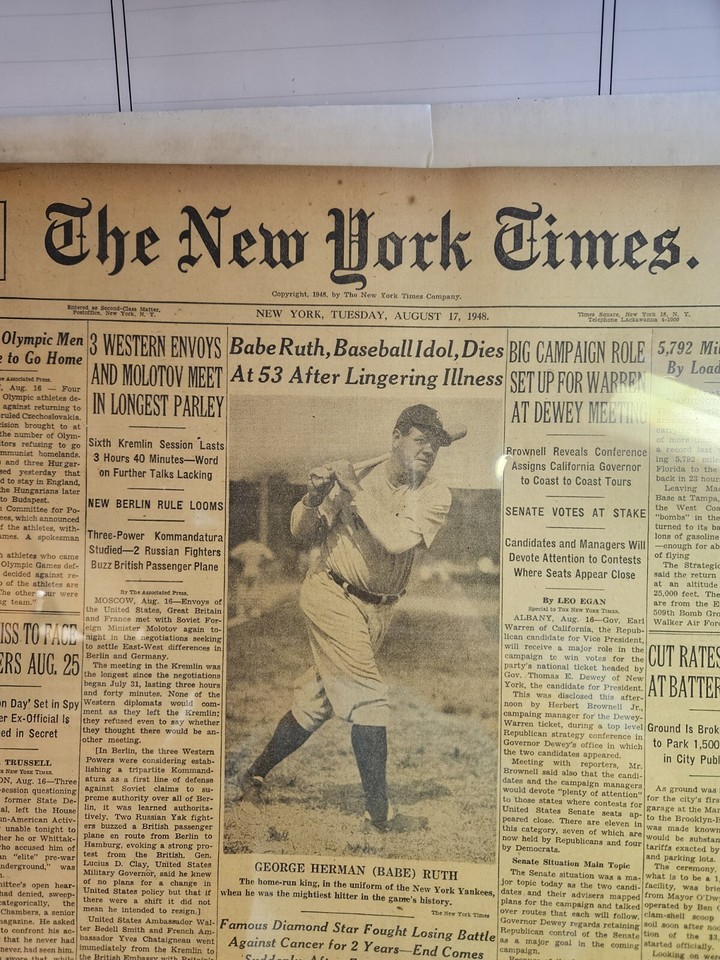 1948 New York Times Newspaper Article / Section Day After Babe Ruth's ...