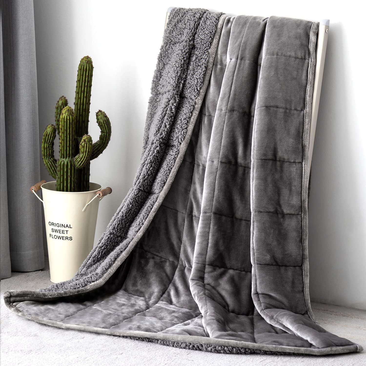 Sherpa Fleece Weighted Blanket 15Lbs Queen Size, Uniformed Color with Fuzzy Flee