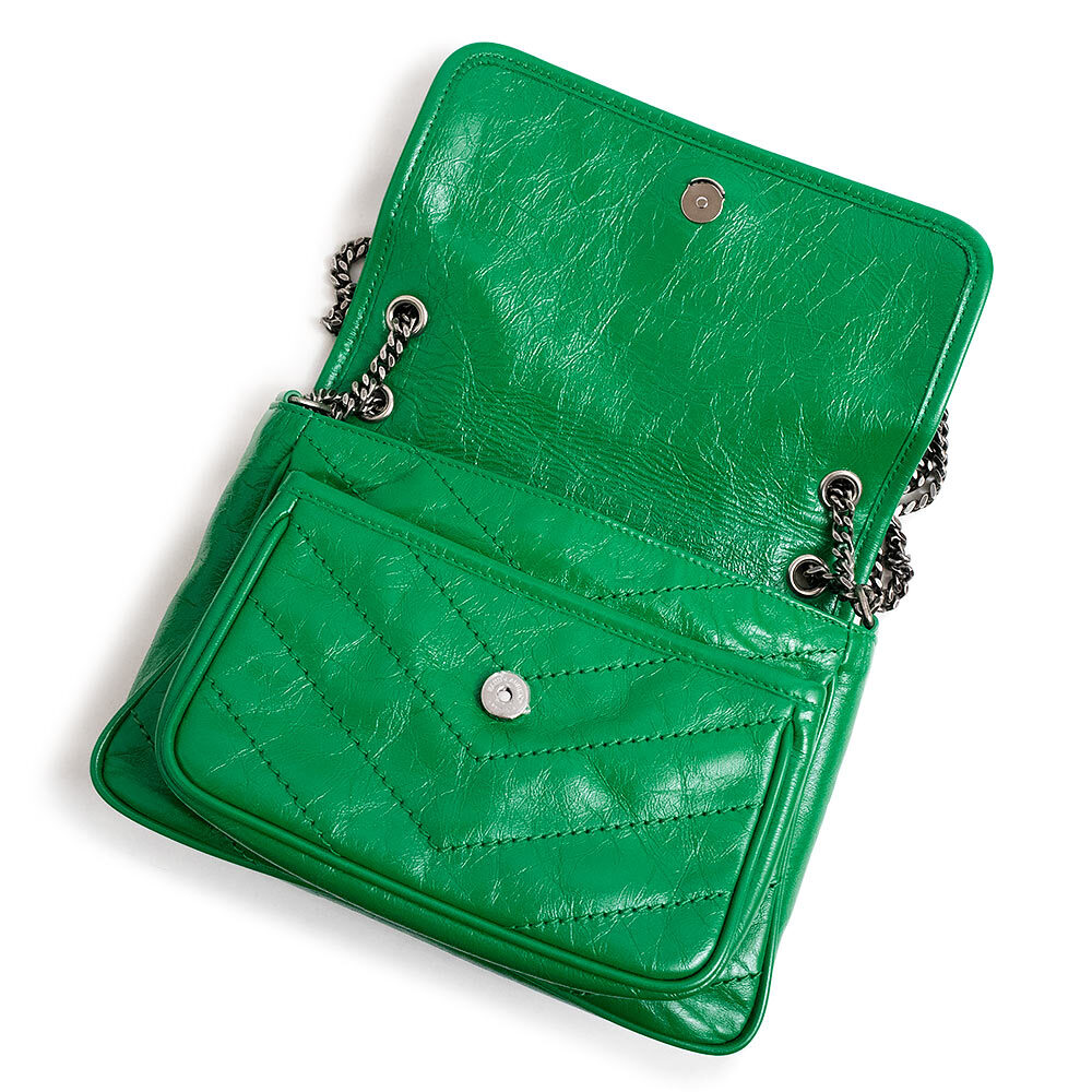 SAINT LAURENT Niki Borsa a tracolla con catena per bambini pelle di vitello vintage verde 633160