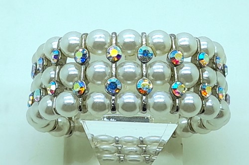 BREITE WEISSE GLASPERLEN 3 Stränge KLAR AB RHEIN STEIN Stretch MODE ARMBÄNDER - Bild 5 von 6