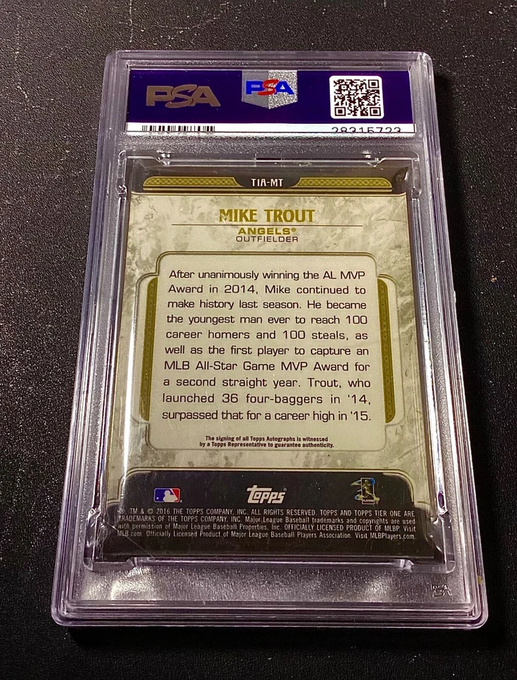 Mike Trout Autograph PSA Mint SP 2016 Topps Tier One 28/50 Serial Numbered Auto - Image 3 of 4