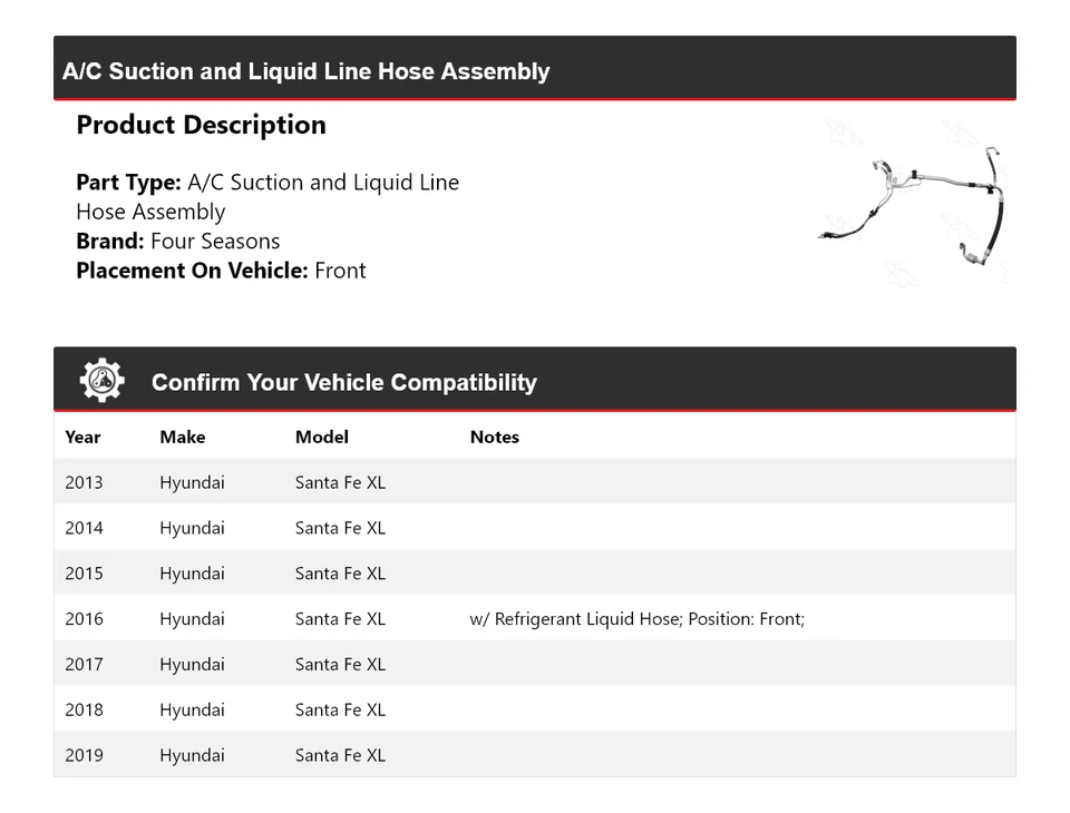 Conjunto de manguera de línea líquida de succión de aire acondicionado para Hyundai Santa Fe XL 2013-2019 4 Seaso Foto 2 de 4