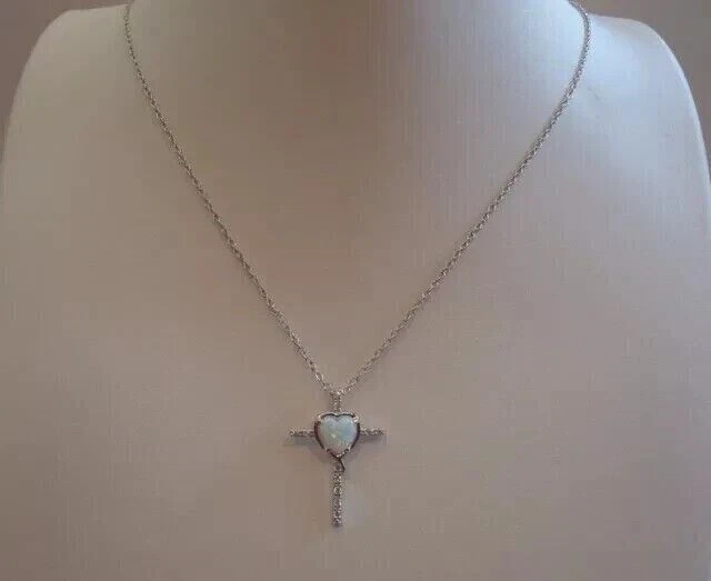 Heart Cut Simulated Fire Opal Stunning Cross Fancy Pendant 14k White Gold Plated - Image 4 of 4