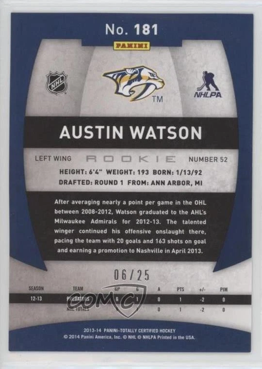 2013-14 Totally Certified Rookie Platinum Gold /25 Austin Watson #181 Rookie RC - Image 2 of 2
