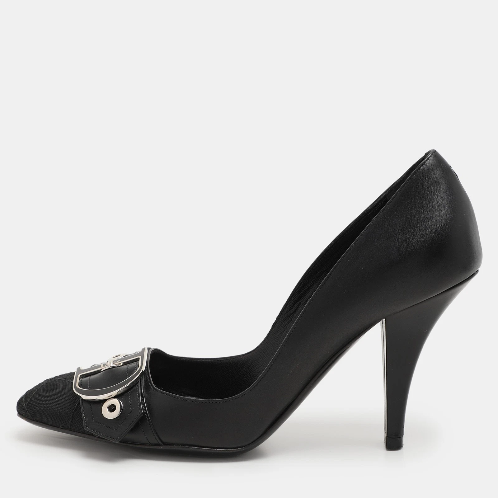 Escarpins Dior cuir noir et toile cannage bout pointu boucle D taille 36