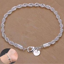Men's 925 Solid Silver Twist Rope Bracelet Hand Pendant Fashion Link Wrist Chain