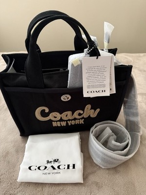Coach Black Logo Tote Bag Embroidered Accents Turn Lock Dust Bag Tag