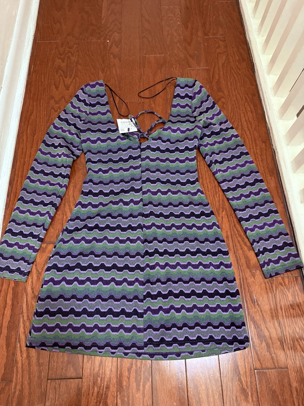 Zara Purple Green Retro Stripe Long Sleeve Dress Size Small thumbnail 8
