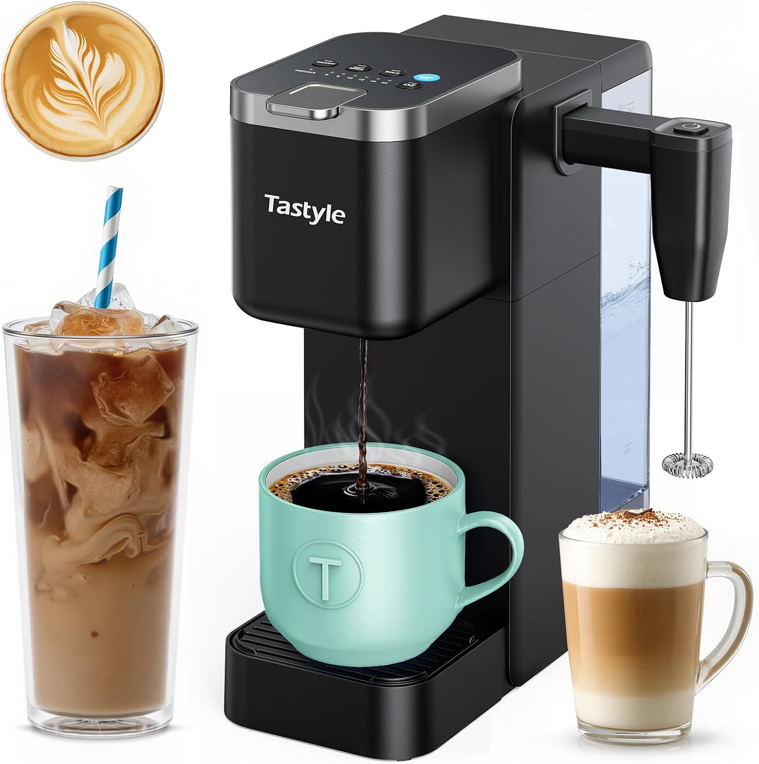With Milk Frother & 6 Cup Sizes, Black