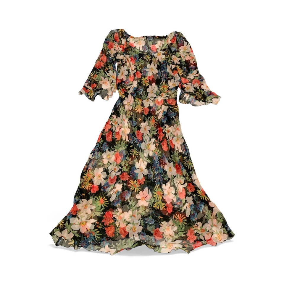 Vestido maxi Betsey Johnson vintage seda transparente floral caprichoso cottagecore tamanho 8 - Imagem 2 de 4