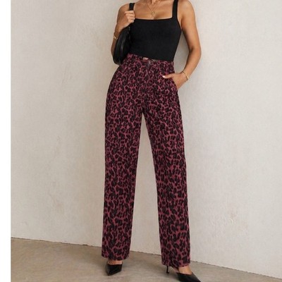 Soft Surroundings Burgundy Leopard Print Straight Leg Stretch Pants 12 2DU24 J3