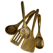 Juego de utensilios de cocina de madera 5 piezas - cucharas y espátula de cocina de madera de teca