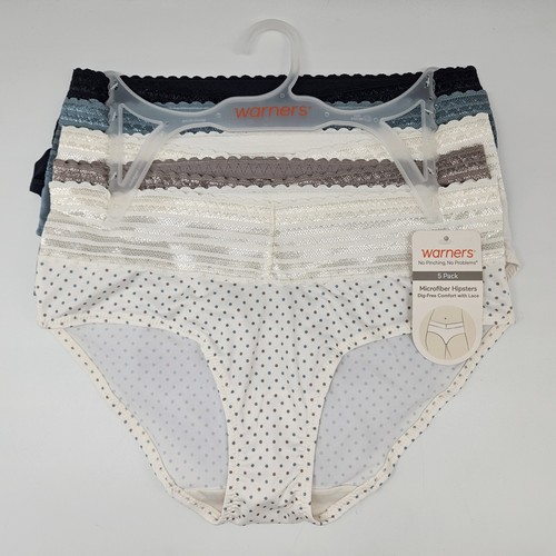 5 Pack WARNERS Women's S M L XL Micro Hipsters Lace Waist Navy Blue Cream Taupe - Picture 2 of 7