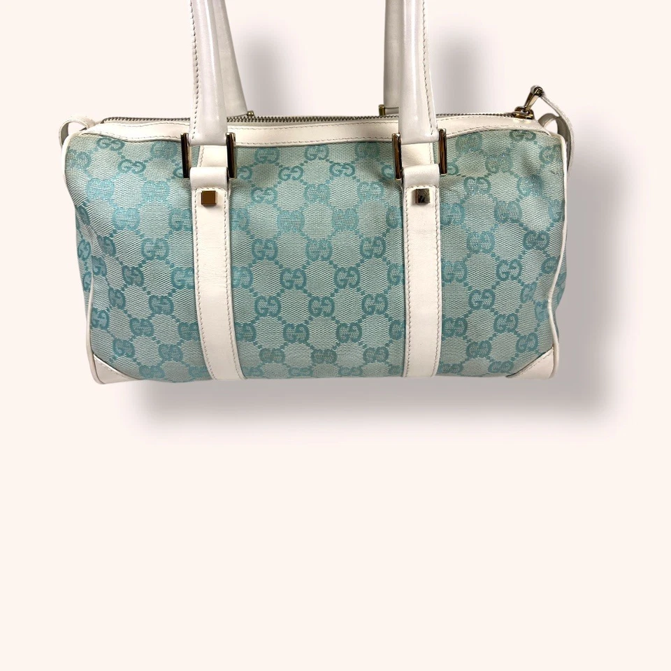 Auténtico Bolso GUCCI Boston, Cartera de Lona GG, Cuero Blanco Azul Claro Foto 2 de 4