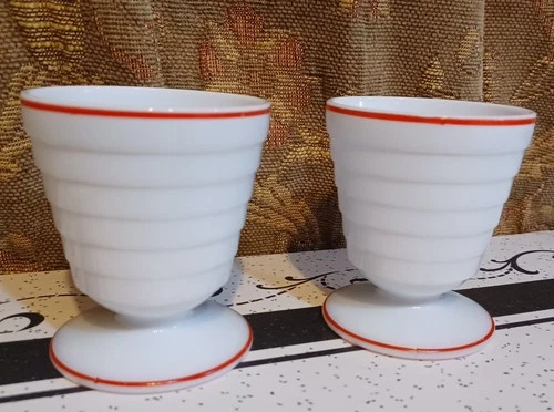 VTG HAZEL ATLAS MODERNTONE PLATONITE MILK GLASS WHITE RED STRIPE 2 DESSERT CUPS