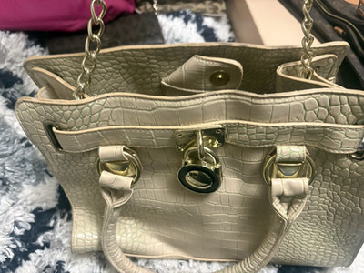 Beige Crocodile Embossed Satchel Top Handle Bag Turn Lock Gold Chain Strap