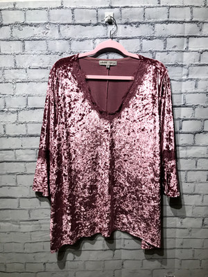 Absolutely Famous, Women Plus 1X (Bust 48'') Velvet Rose Pink 3/4 Sleeve Blouse