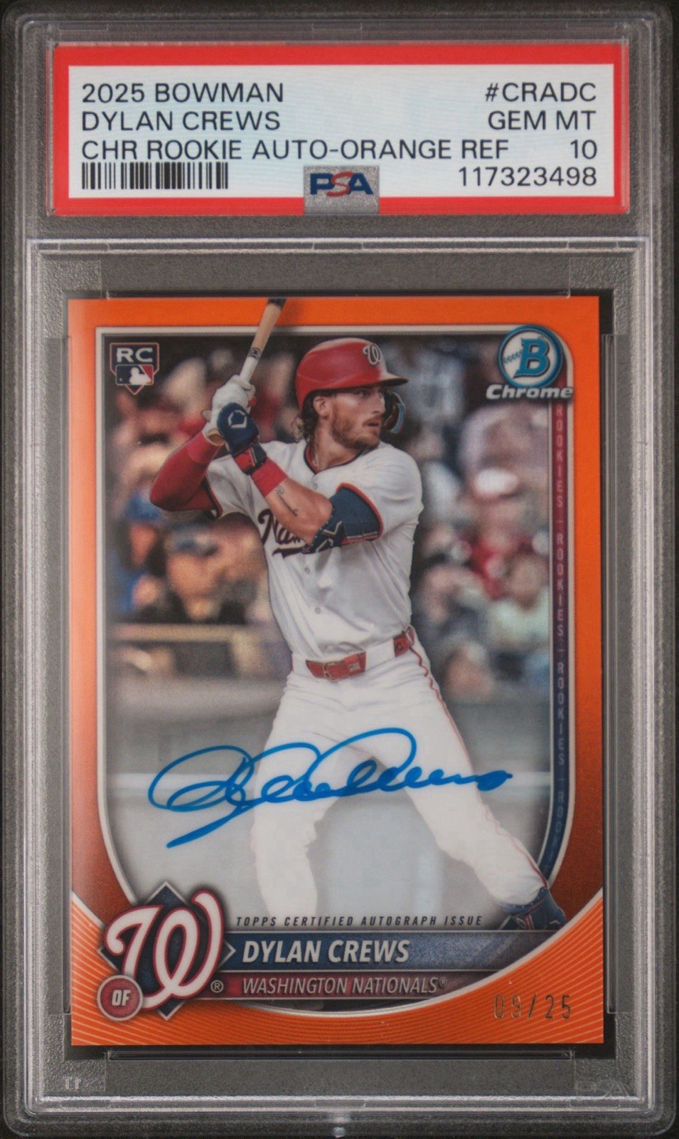 2025 BOWMAN CHROME DYLAN CREWS ORANGE REFRACTOR AUTO ROOKIE RC /25 PSA 10