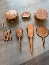 VTG Art Deco Vanity Set Peach Celluloid Amber Glass Brush Mirror Manicure 30  s