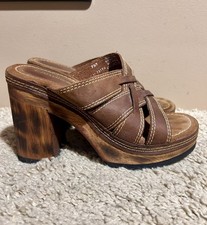 Sz 7.5 M Y2K 90s VTG Strappy Brown Leather Platform Sandals Wooden Block Heels