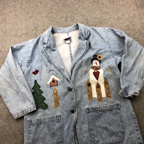 Vintage Sunbelt Denim Jacket Womens Medium Winter Snowman Tree Chirstmas USA 90s - Picture 3 of 21