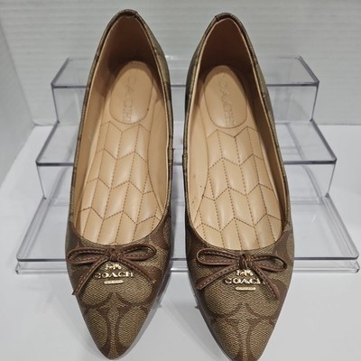 Coach Pointed Toe Bow Slip-On Canvas Flats Brown Women size 5 B C2913