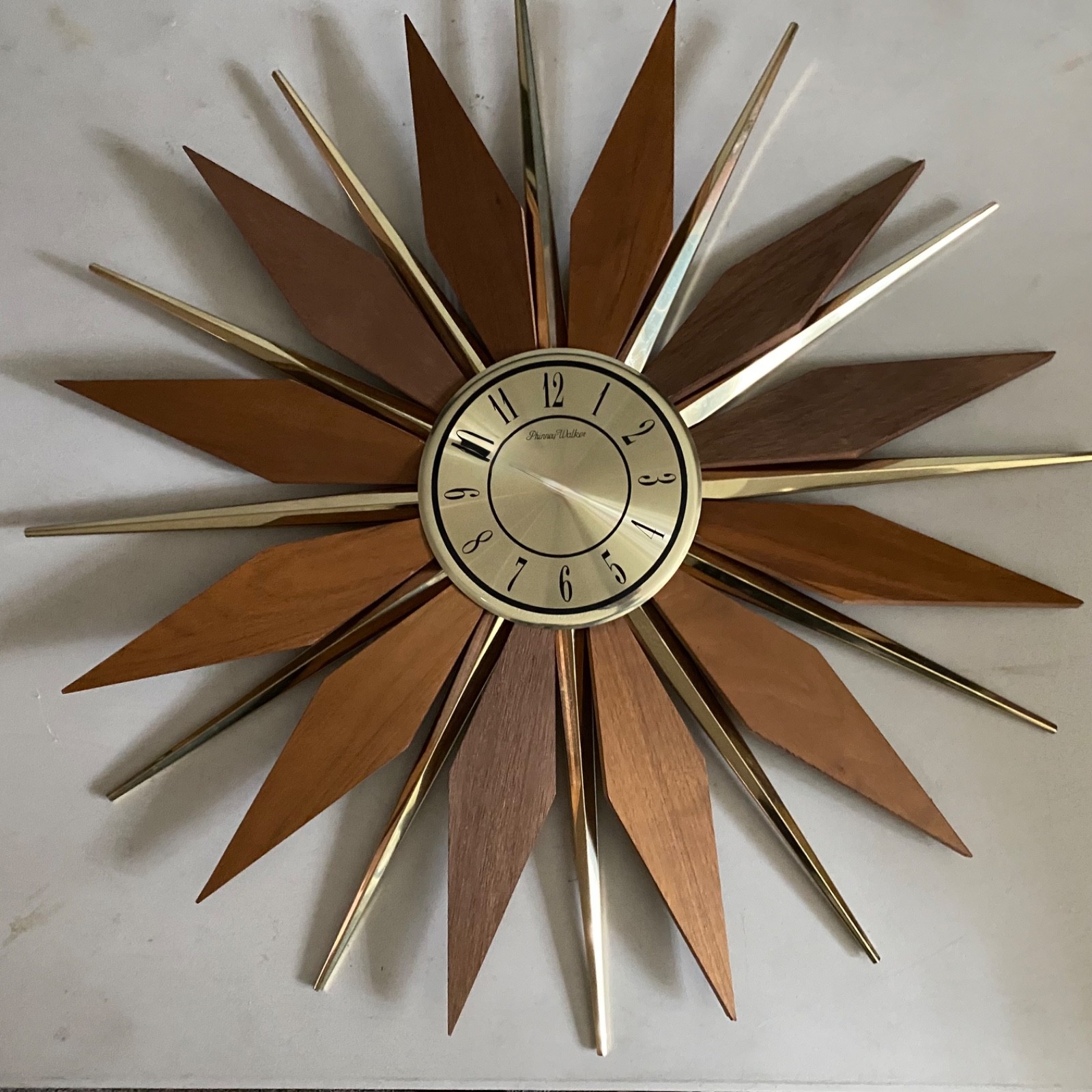 Vintage Phinney Walker • Parts Only• Teak Brass Starburst Wall Clock • NO Works featured image