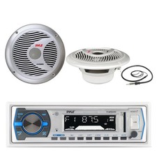 Pyle Bluetooth Marine Receiver, 2x 6.5" 150 Watt Silver Boat Speakers, Antenna