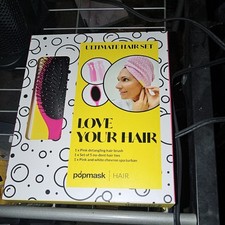 popmask Ultimate Hair Set Anti-Breakage Detangling Brush Turban 5 Hair Ties Pink